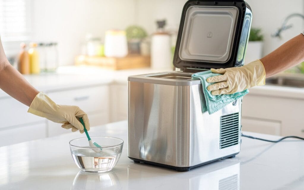 Cleaning the interior of a portable countertop ice maker with a vinegar solution using a cloth and a toothbrush to scrub tight corners and nozzles.