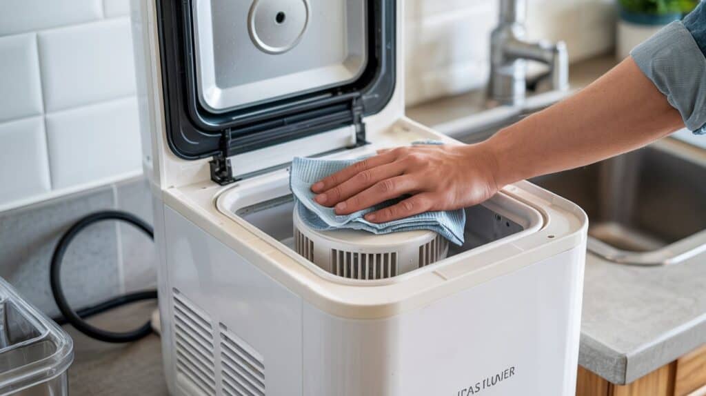Unplugged countertop ice maker with a person cleaning the inside near the sensor area