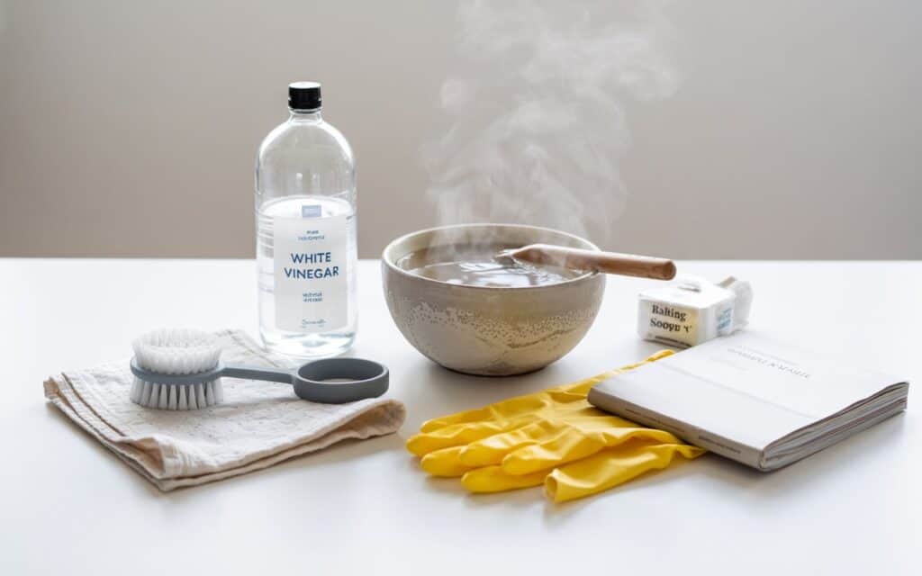 Ice maker cleaning supplies, including vinegar, water, baking soda, a cloth, a brush, gloves, and a manual, are neatly arranged on a countertop.