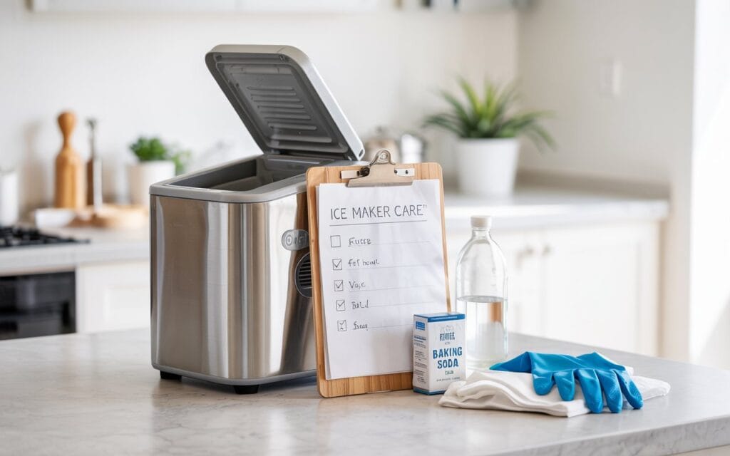 Portable ice maker with maintenance supplies and a checklist on a clean kitchen counter.