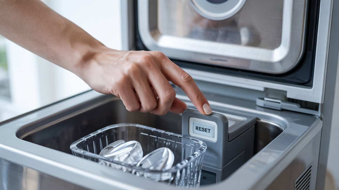 Inside view of a countertop ice maker with a hand reaching in to press the reset button near the back