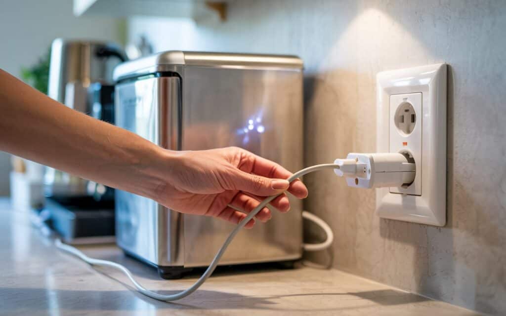 Person plugging a countertop ice maker back into a wall outlet to restart it after resetting