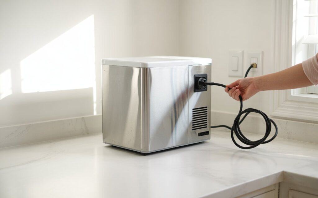 Person unplugging a countertop ice maker from a wall outlet to reset it