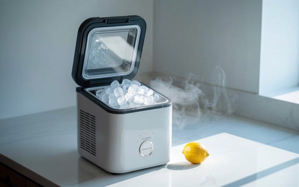 Diagram showing how a portable ice maker freezes water using cold metal prongs and collects bullet-shaped ice in a storage bin