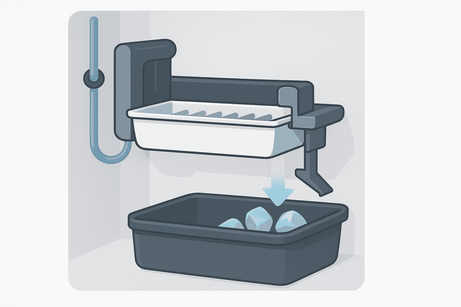Diagram of a refrigerator ice maker showing the water line, internal tray, ice bin, and automatic ice production system.