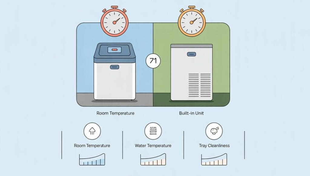 Infographic showing factors that influence how long an ice maker takes to make ice, including water temperature, ambient room temperature, and machine cleanliness.