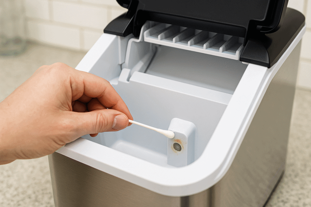 Person cleaning the water sensor inside a countertop ice maker using a cotton swab