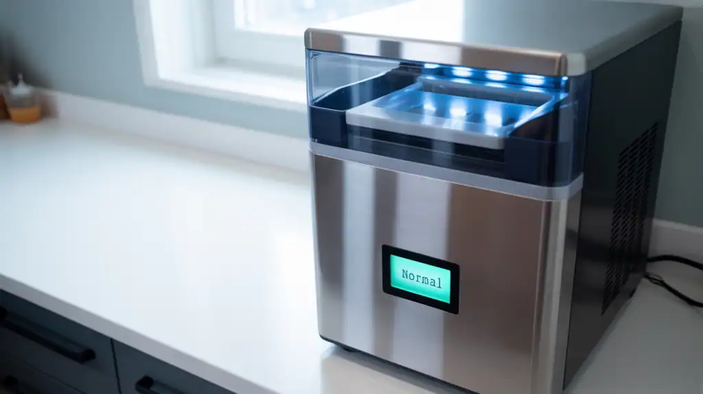 3D image of a countertop ice maker with control lights on but an empty ice tray