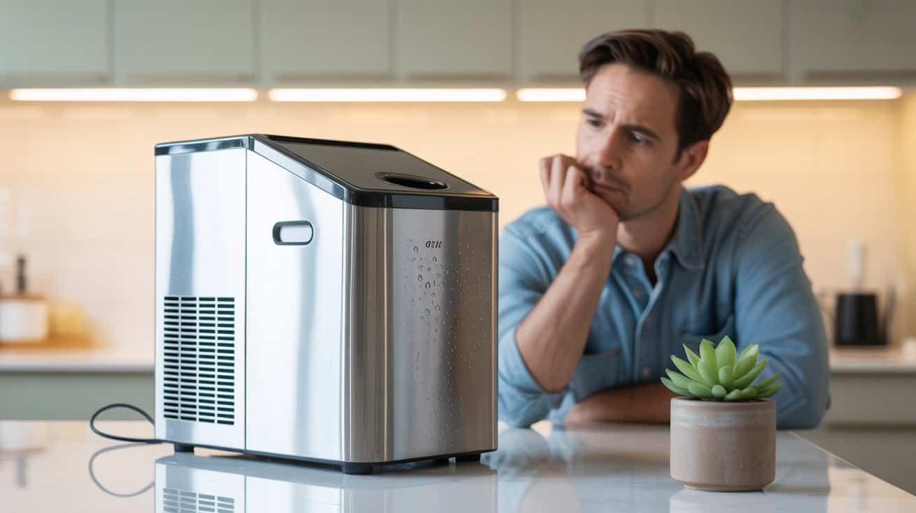 An ice maker showing empty tray, not producing ice