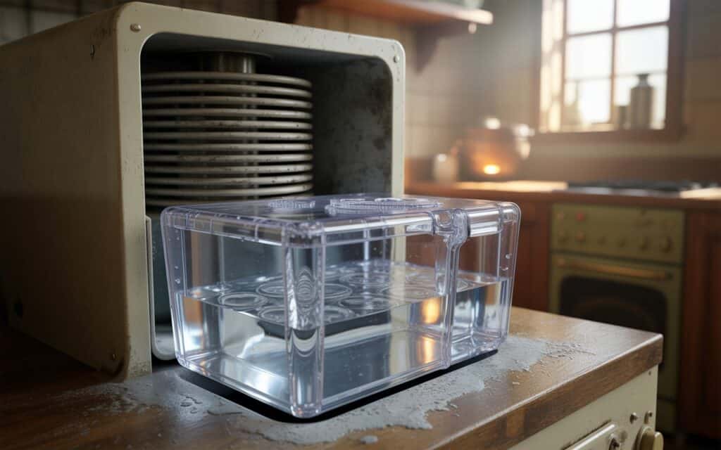 cross-section of an ice maker showing water in the tray but no ice forming, with dusty back coils