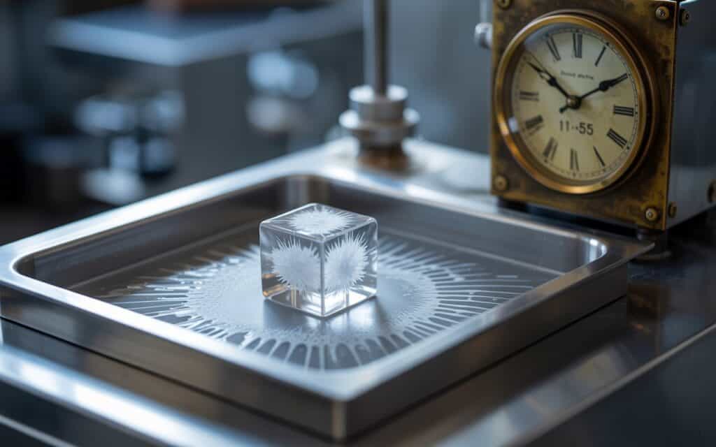 scene showing an ice maker producing ice very slowly, with only one cube formed and a clock in the background