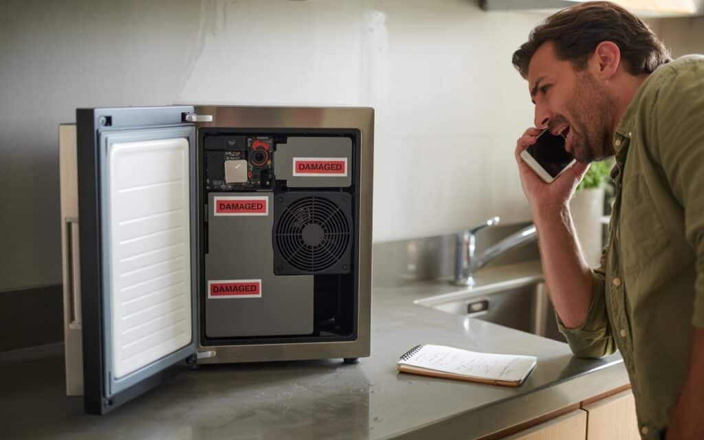 person looking at a broken ice maker with a phone in hand, ready to contact support