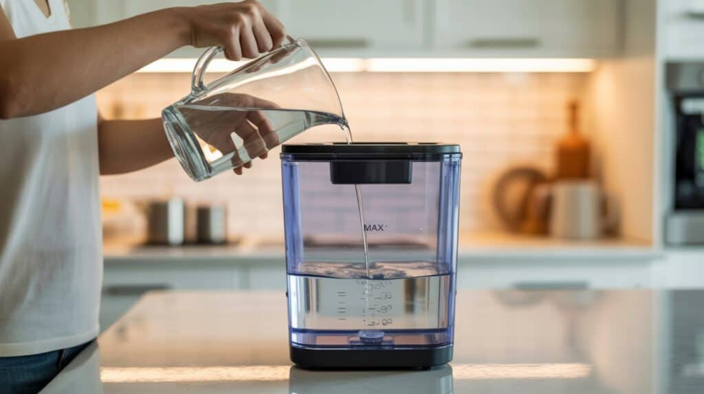 Refilling the water tank of a countertop ice maker up to the MAX fill line using a pitcher