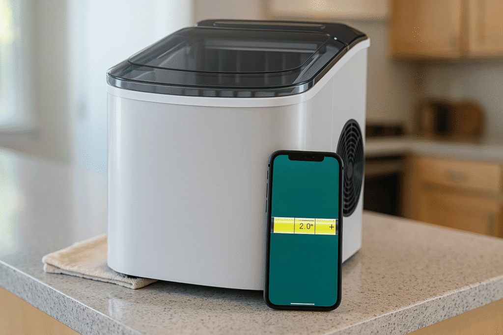 Countertop ice maker placed on an uneven surface with a smartphone level app showing tilt